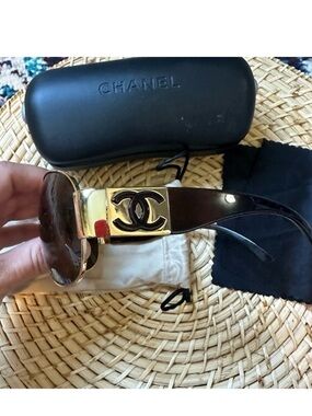 Chanel Gold Frame Logo Wrap Aviator Sunglasses With Case Y2K